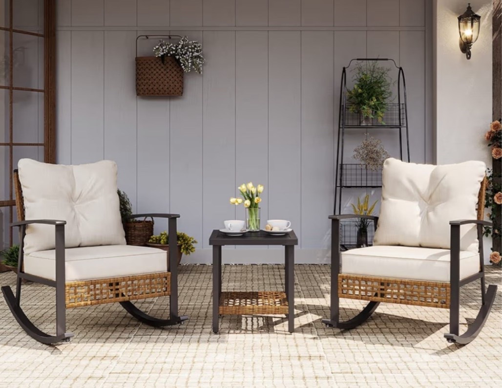Cozy rocking bistro set with that slow summer patio morning feel that makes you want to sit outside with coffee for hours. 🌿☕️ Perfect for a garden, balcony, backyard, porch, patio corner, or cozy outdoor refresh when you want a space that feels warm, relaxed, and inviting. The oversized rattan chairs, thick cushions, and two-tier coffee table give it that comfortable farmhouse-meets-resort look that works beautifully for morning coffee, evening wine, and quiet summer nights outside. 

Add this set if your patio needs a cozy little conversation corner for the season. 🌾☀️

#LTKHome #LTKOver40 #LTKSeasonal