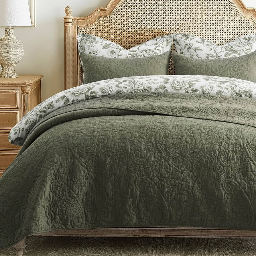 EVERGRACEHOME 100% Cotton Paisley Quilt Set, King Size, Olive Green | Amazon (US)
