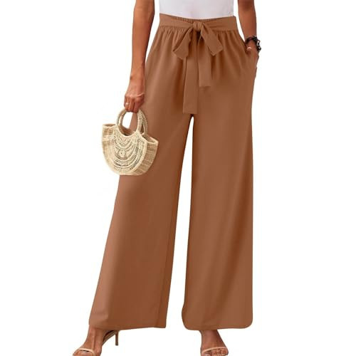 Palazzo Pants for Women Flowy Wide Leg Lounge Pants with Pockets Lightweight Elastic High Waisted Adjustable Tie Knot 2024 Summer Solid Color Straight Leg Baggy Beach Trousers（B-Rose Gold,Medium | Amazon (US)