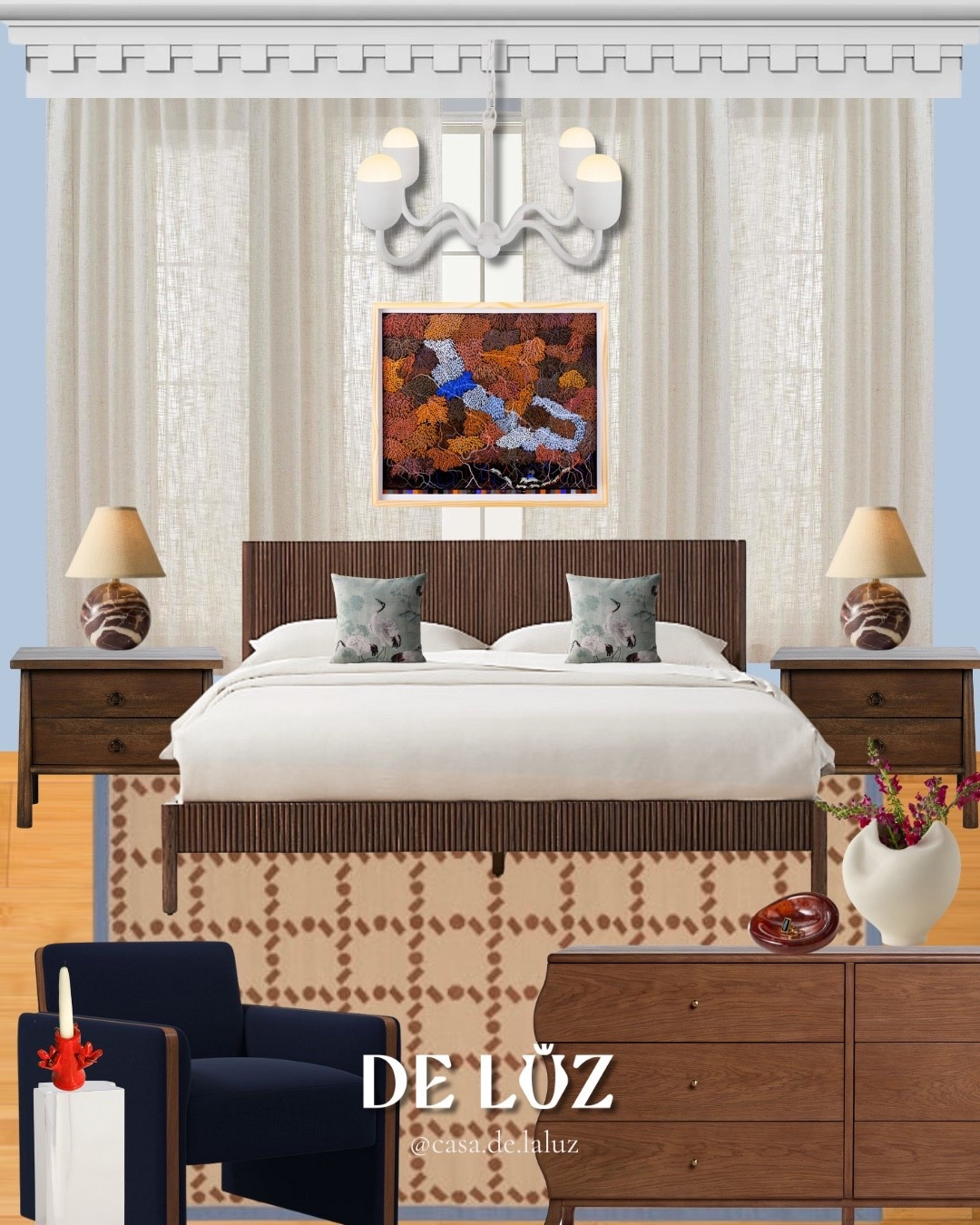 A bedroom styled with arte latina, sculptural shapes and a balanced color palette. Each piece tells its own story but together they make this bedroom feel personal, warm woods, navy, and soft neutrals con un toque bold.

#interiordesigninspo #meximodernist #moodboard #ltkhome 

#LTKStyleTip #LTKHome #LTKOver40