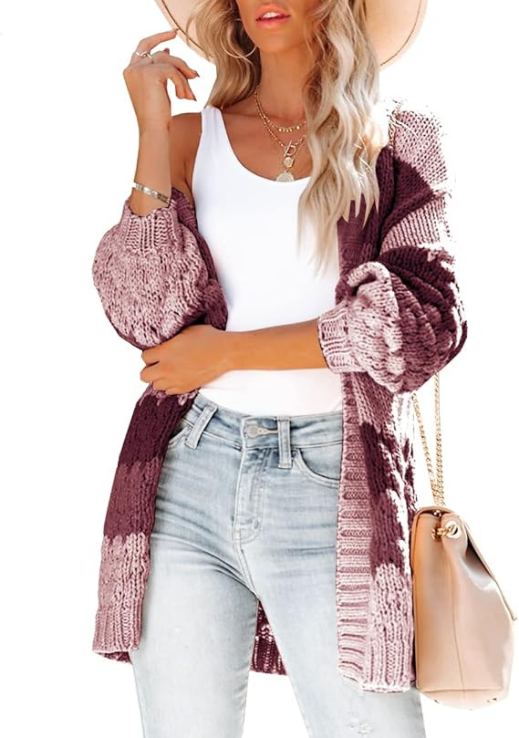 Womens Long Sleeve Color Block Cardigan Striped Open Front Chunky Knit Slouchy Sweaters Outwear C... | Amazon (US)