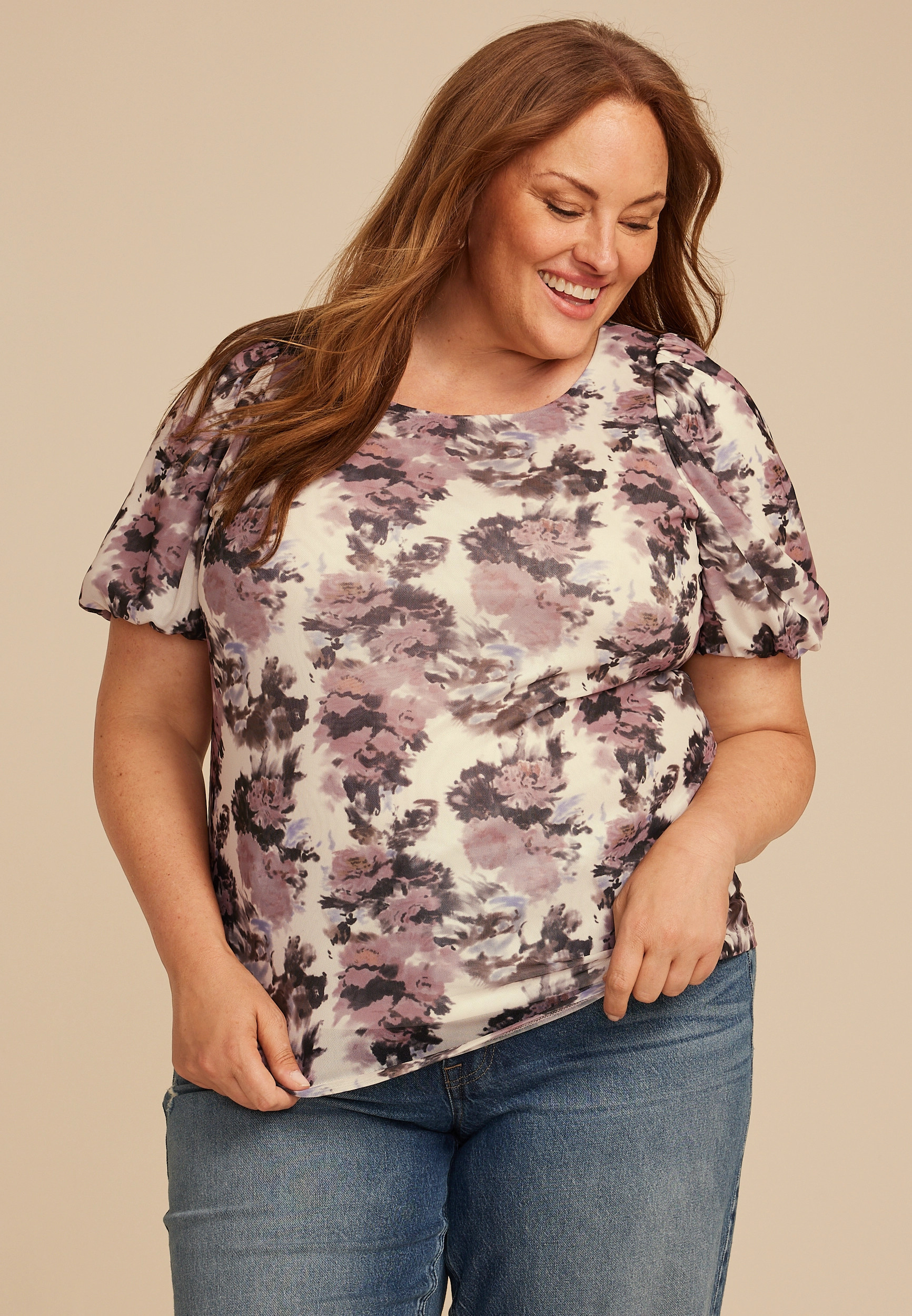 Maurices Women's Studio Y Abstract Floral Mesh Puff Sleeve Blouse | Maurices