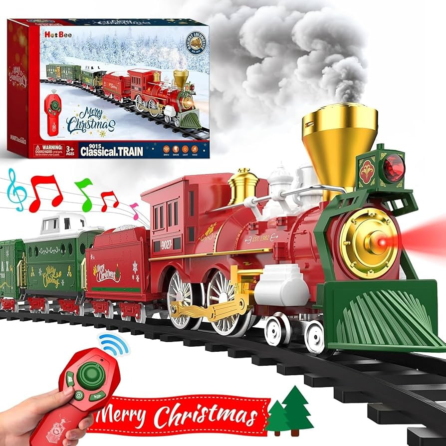 Hot Bee Christmas Train Set with Remote Control Train Toys w/Smoke, Lights & Sound, Christmas Tra... | Amazon (US)