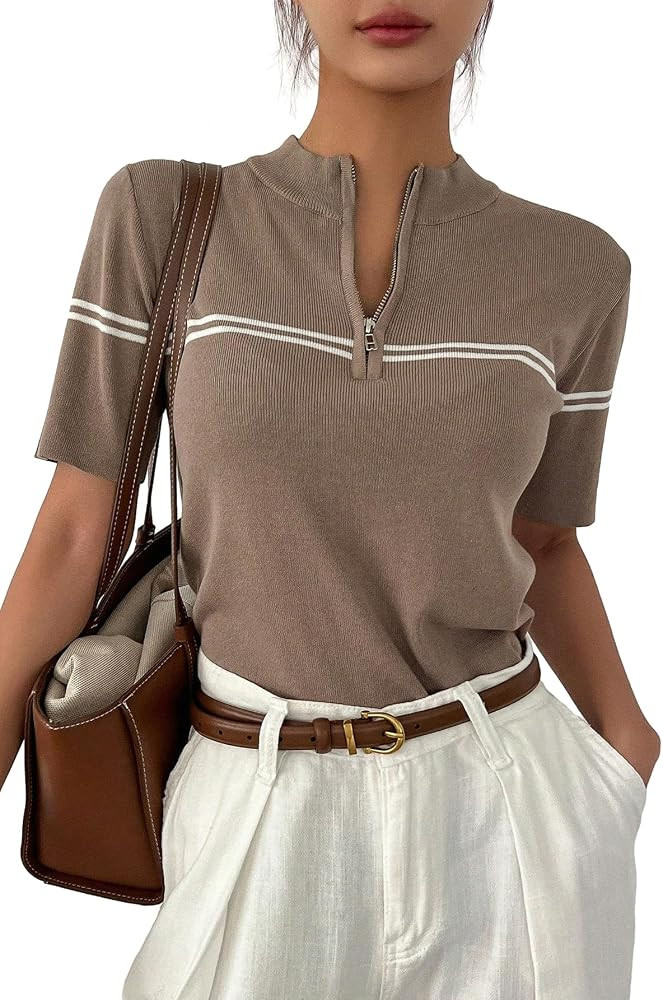 GORGLITTER Women's Half Zip Short Sleeve Sweater Knit Tops Striped Mock Neck Fall Fashion Pullove... | Amazon (US)