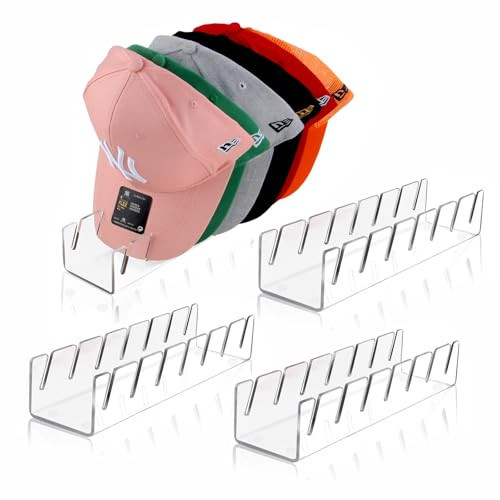 Hat Stand for Baseball Caps, 4 Pack No Install Acrylic Hat Organizer for 28 Baseball Caps Storage Organizer, Hat Racks Hat Holder Display and Organization for Closet, Bedroom, Dresser (Clear-4Pack) | Amazon (US)