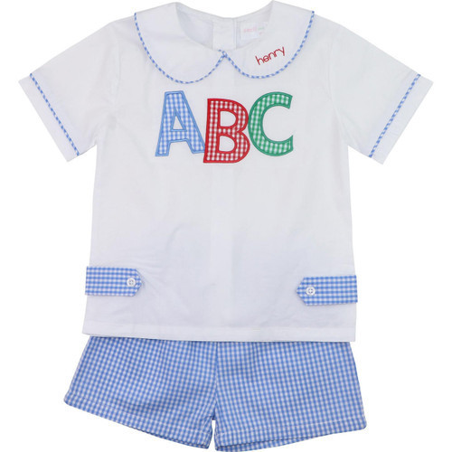 Blue Gingham ABC Applique Tab Short Set | Cecil and Lou