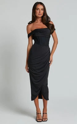 Aidia Midi Dress - Off Shoulder Draped Corset Dress in Black | Showpo (US, UK & Europe)