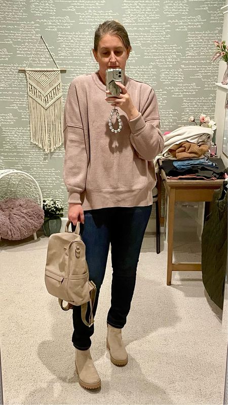 ANRABESS Amazon Sweater - size L TTS in pink apricot color
Skinny jeans - size 14 TTS
Boots - size 8 TTS 
Backpack from Amazon 

#LTKshoecrush #LTKfit #LTKcurves