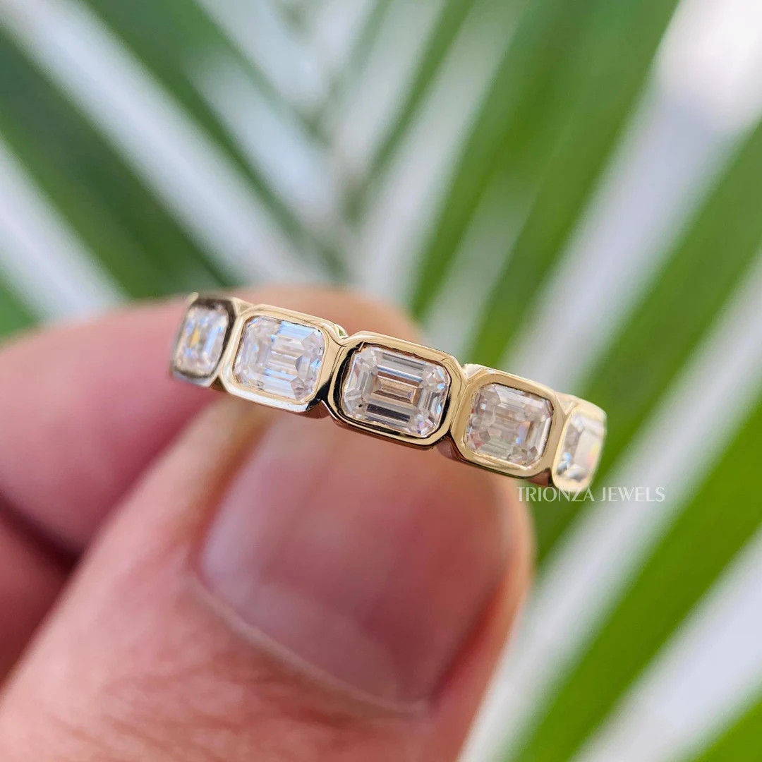 14k Solid Yellow Gold Stacking Band,0.90 TC Emerald Cut Bezel Set Band, Half Eternity East-west S... | Etsy (US)