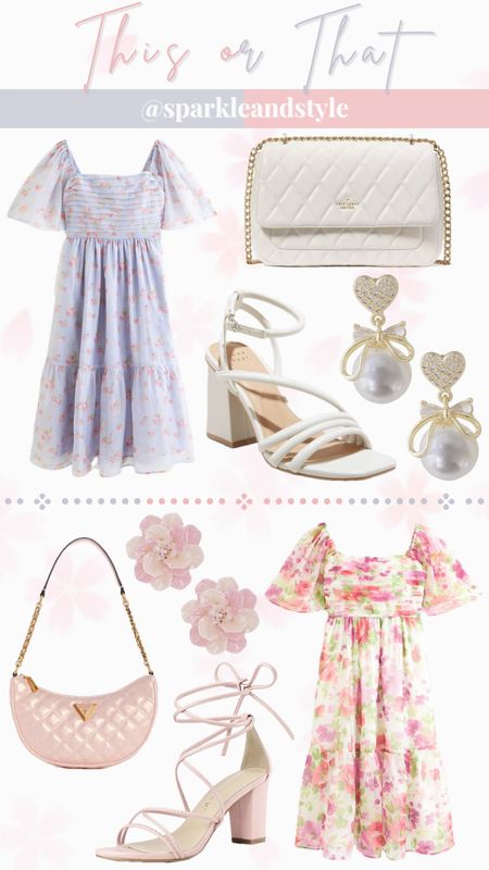 This Or That: Spring Outfits

💙 blue and pink floral midi dress, white quilted purse, white strappy heels, white pearl heart earrings
🩷 white and pink floral midi dress, pink quilted purse, pink flower earrings, pink strappy heels

#LTKSpringSale #LTKstyletip #LTKsalealert