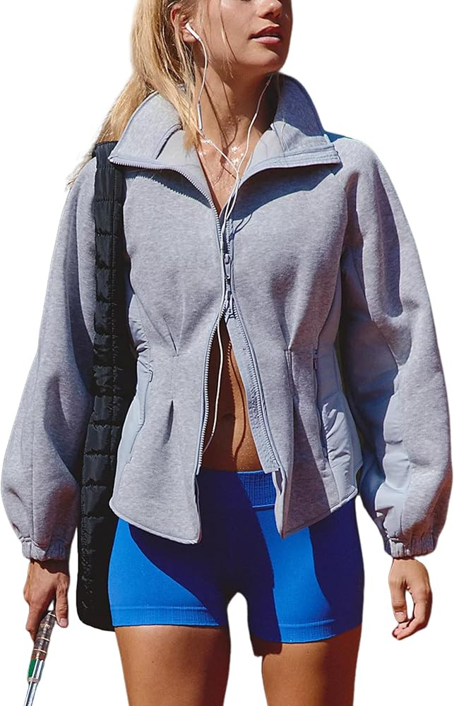 Women's Casual Zip Up Sweatshirts Long Balloon Sleeves Athletic Jacket with Waist Pleats | Amazon (US)