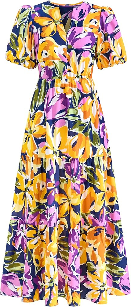 dowerme Womens Summer Dresses 2025 Casual Puff Short Sleeve V Neck Floral Boho Tiered Ruffle Maxi... | Amazon (US)