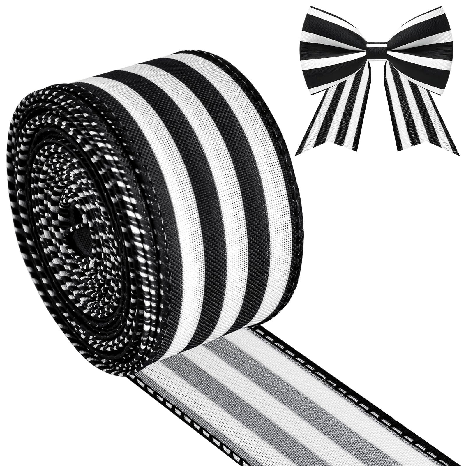 Black White Striped Wired Ribbon - 1.5 Inch x 10 Yards Premium Craft Ribbon for Gift Wrapping, Ch... | Amazon (US)