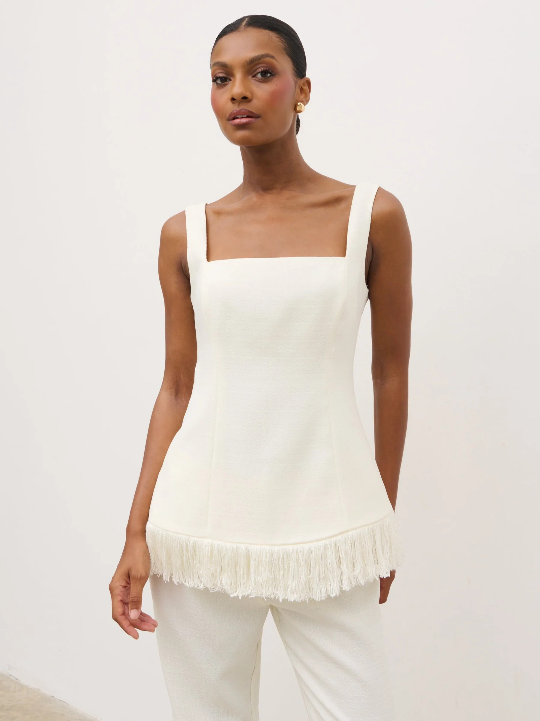 Verona Fringed Tweed Top - Cream | Pretty Lavish (UK)