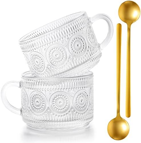 kickmove 2 Pack 14oz Glass Coffee Mugs with Spoons,Clear Embossed Vintage Cups for Latte,Tea.For ... | Amazon (US)