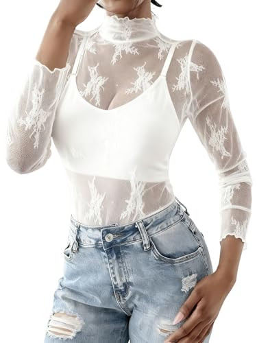 materasu 2025 Womens Mesh Sheer Long Sleeve Layering Top Mock Neck Lace Floral See Through Shirt Blouses White | Amazon (US)