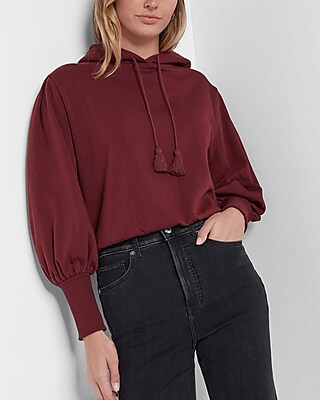 Balloon Sleeve Drawstring Tassel Hooded Sweatshirt | Express