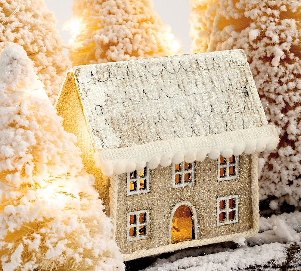 Lit Bottlebrush Winter Town Centerpiece | Pottery Barn (US)