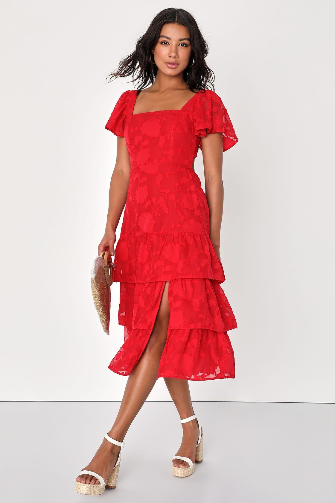 Loveliest Feeling Red Floral Jacquard Tie-Back Midi Dress | Lulus (US)