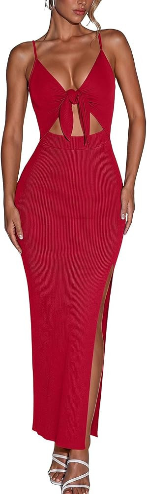oten Womens Spaghetti Strap Sleeveless Maxi Dresses with Built in Bra Tie Front Cutout Side Slit ... | Amazon (US)