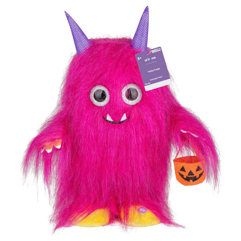 Tricky Treats Animated Pink Furry Monster Plush Side Stepper, 11.8" | At Home