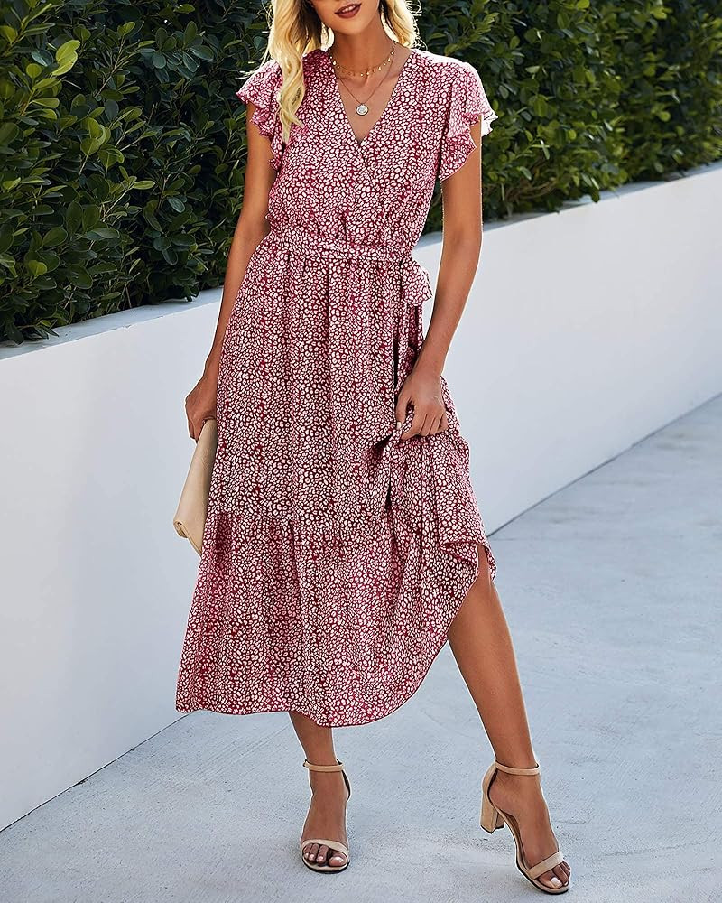 BTFBM Women Summer Bohemian Floral Casual Wrap V Neck Ruffle Cap Sleeveless Belt A-Line Pleated Hem  | Amazon (US)