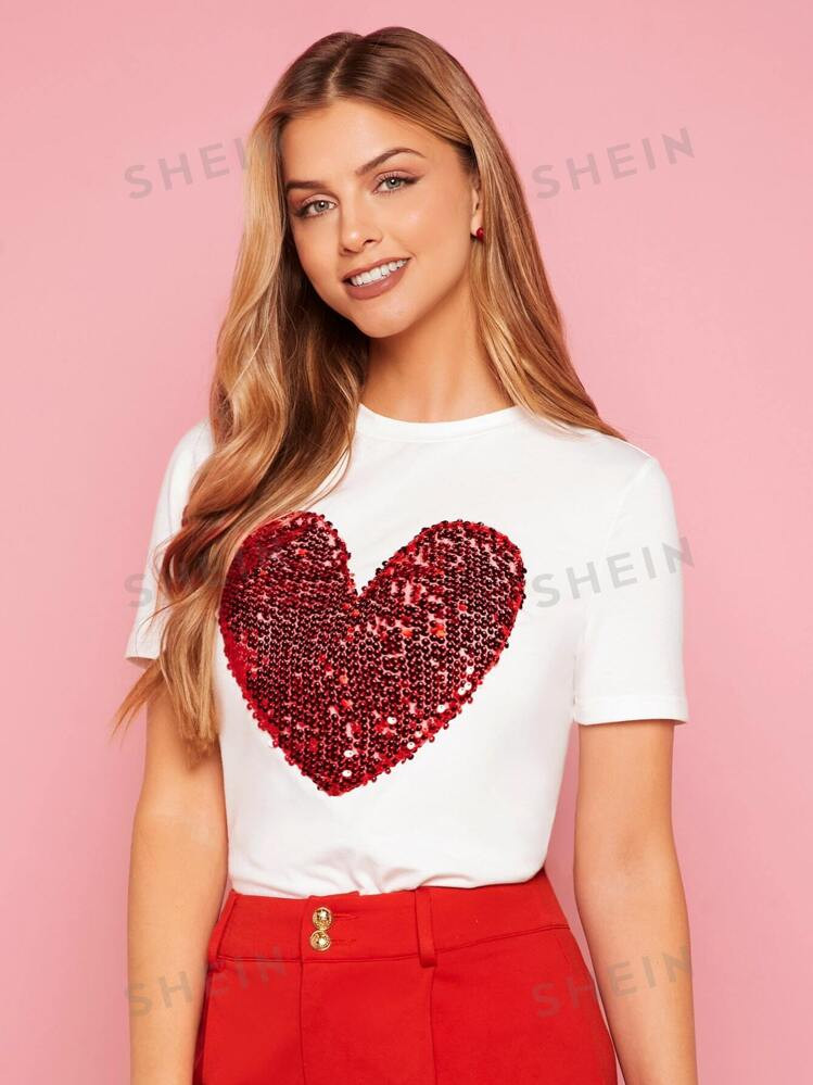 SHEIN Essnce Heart Sequin Pattern Round Neck Tee | SHEIN
