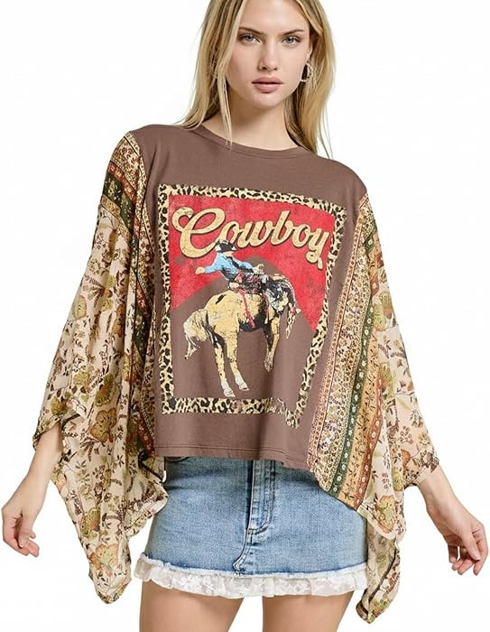 Women\u2019s Western Graphic Top \u2013 Flowy Poncho Fit, Cowboy Print, Floral Sleeve, Oversized ... | Amazon (US)
