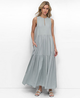 DKNY Jeans Women's Sleeveless Linen-Blend Keyhole Crewneck Tiered Maxi Dress - Macy's | Macy's
