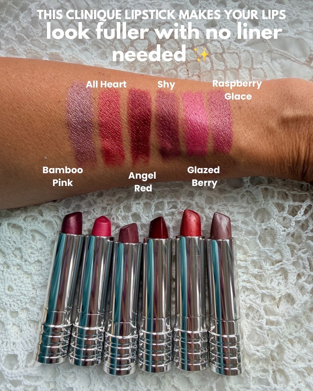 showing swatches of the clinique dramatically different lipstick — rich hydrating buildable lipstick with a precision tip that sculpts and defines your lips with no lip liner required. sheer to full coverage soft shine finish, dermatologist tested and 100% fragrance free.

#clinique #lipstick #lippies #drugstoremakeup #makeuproutine
clinique dramatically different lipstick shaping lip colour 

 #LTKBeauty