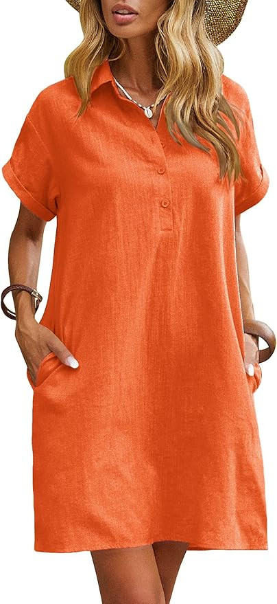 Zeagoo Womens Cotton Shirt Dress Summer Casual Short Sleeve Button Down Beach Cover Up Shirts wit... | Amazon (US)