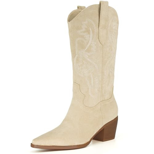 iiimmu Western Boots Women Mid Calf Boots Pointed Toe and Chunky Low Heel Boots Cowboy Suede Boots with Embroidered, Beige, Size 11.5 | Amazon (US)