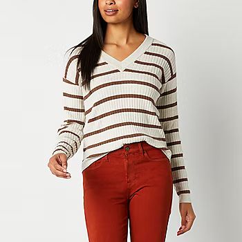 a.n.a Womens V Neck Long Sleeve Striped Pullover Sweater | JCPenney