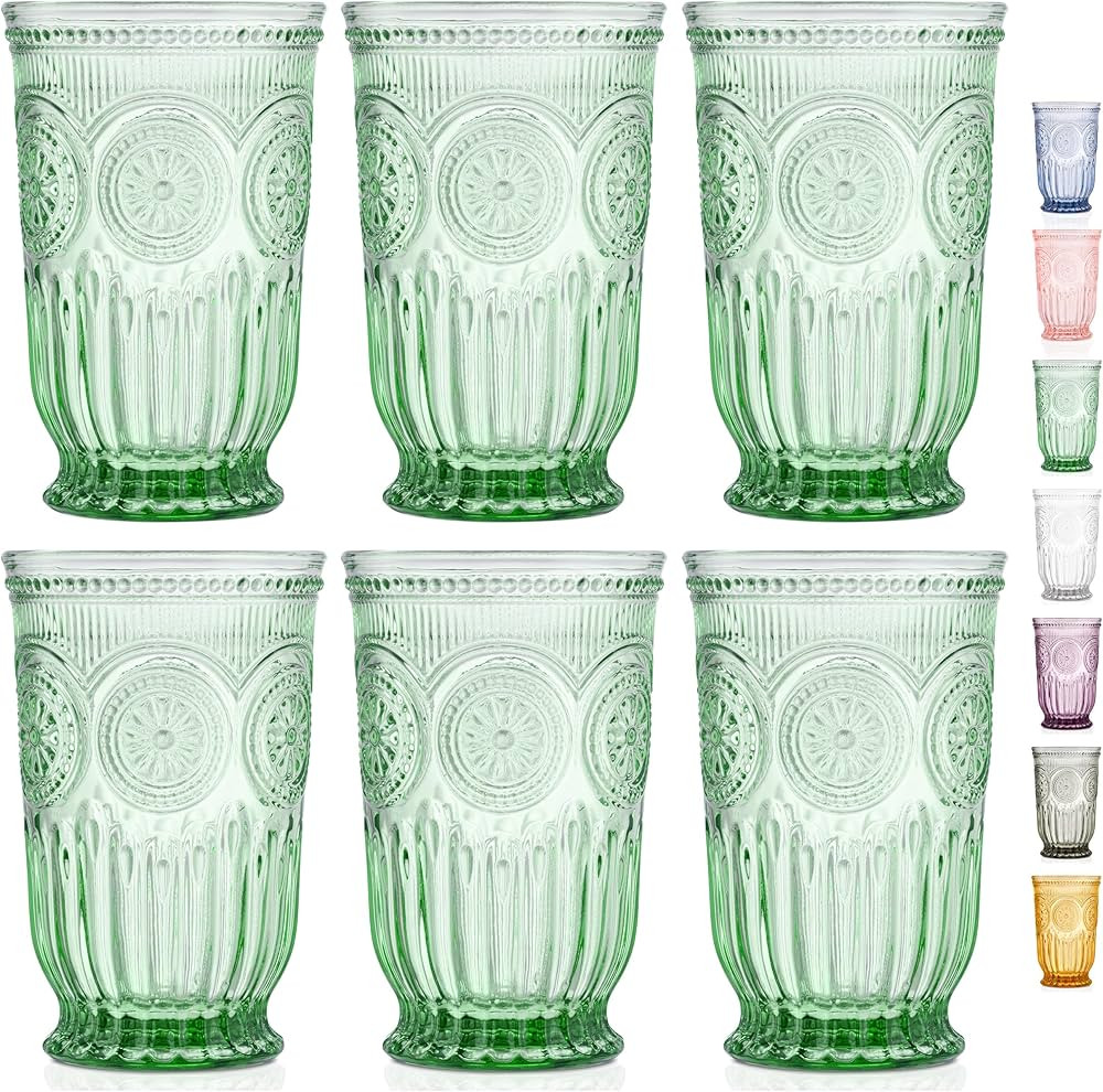 Yungala Green Highball Glasses set of 6 green glassware cups for water or cocktails, vintage desi... | Amazon (US)