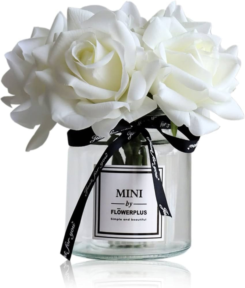 grtefhu Artificial Flowers with White Roses in Vase, Fake Flowers in Glass Jar with Ribbon, Silk ... | Amazon (US)