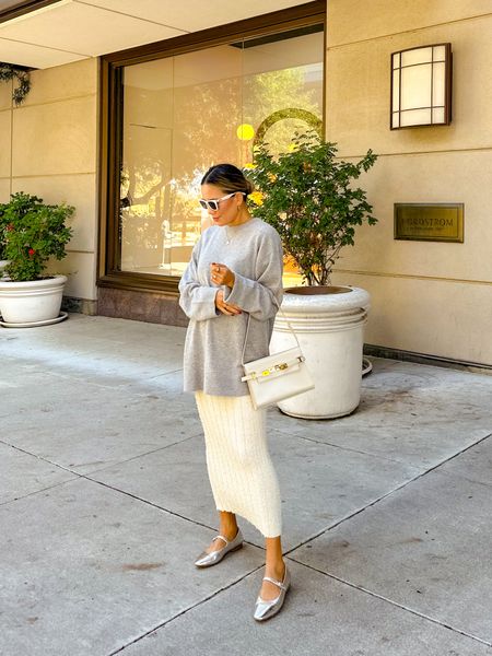 Fall sweater weather outfit. What I wear to go run errands. Oversized cashmere gray sweater under $200. Basic white tee shirt. Ecru Eyelash Knit Column Maxi Skirt. Metallic silver Mary Jane flats. And YSL Manhattan bag. 

#LTKshoecrush #LTKstyletip #LTKitbag