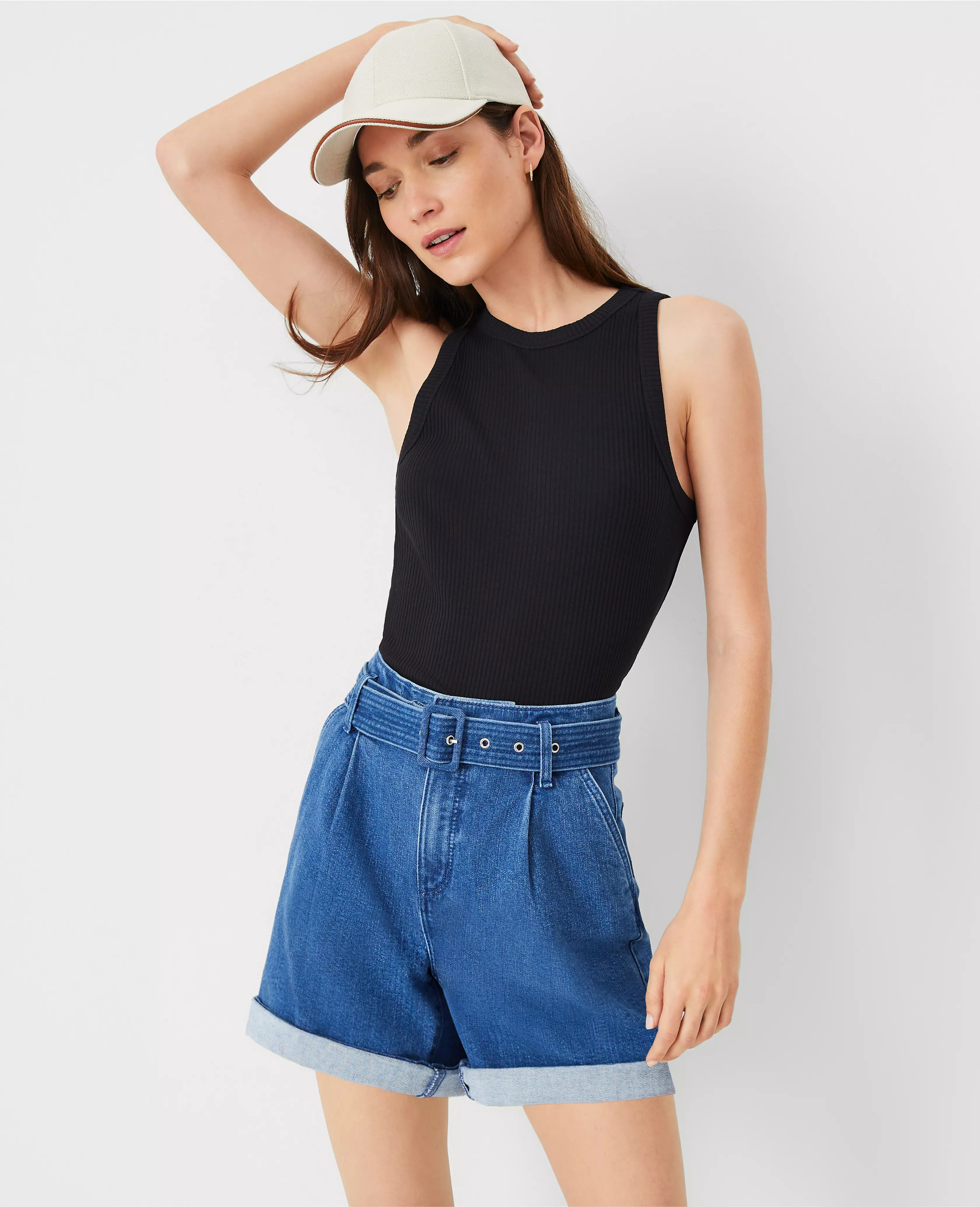 Petite AT Weekend Belted High Rise Denim Shorts in Bright Medium Stone Wash | Ann Taylor (US)
