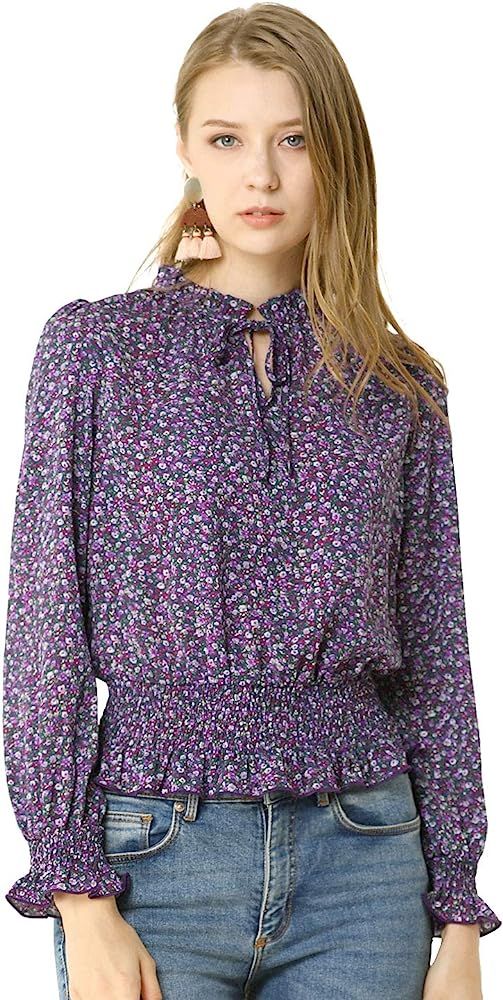 Allegra K Women's Ruffle Peplum Top Smocked Ditsy Floral Puff Sleeve Blouse | Amazon (US)