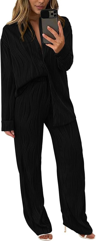 PRETTYGARDEN Women's 2 Piece Textured Sets Casual Button Down Shirt Wide Leg Pants Outfit Loungew... | Amazon (US)