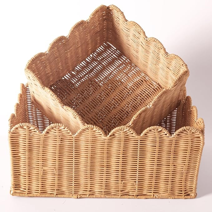 Scalloped Edge Basket, Wicker Storage Baskets, Hand Woven Baskets for Shelves,Natural Baskets for... | Amazon (US)