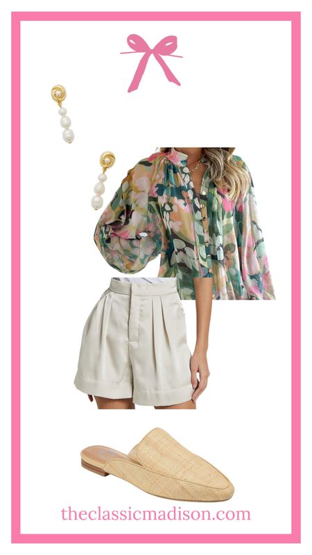 High end summer dinner look for less with white pleated linen shorts, floral button top, raffia mules, pearl drop earrings 