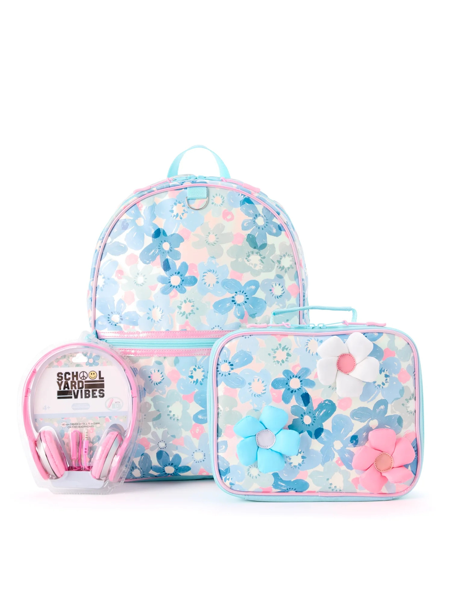 Schoolyard Vibes 17" Girls' 3-Piece Backpack Set with Headphones & Lunch Box, Blue Floral | Walmart (US)