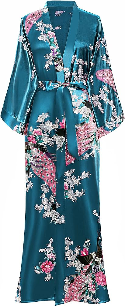 BABEYOND Women's Kimono Robe Long Satin Robes with Peacock and Blossoms Printed Kimono Nightgown | Amazon (US)