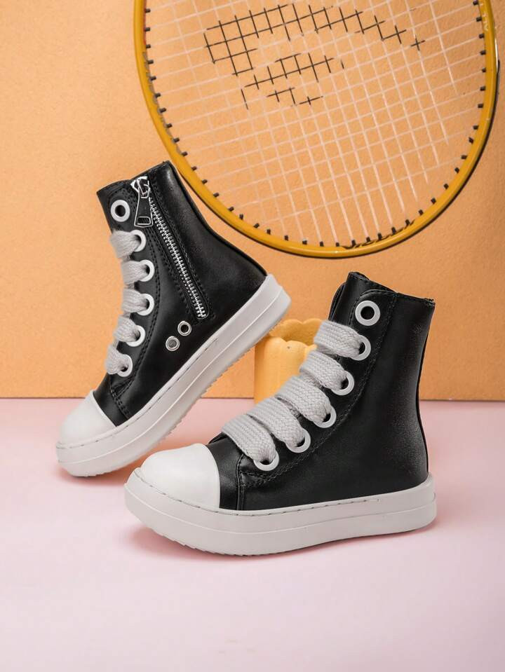 Toddler Kids Boys And Girls Lace-Up Front High Top Skate Shoes Pu Leather Sport Shoes With Side Z... | SHEIN