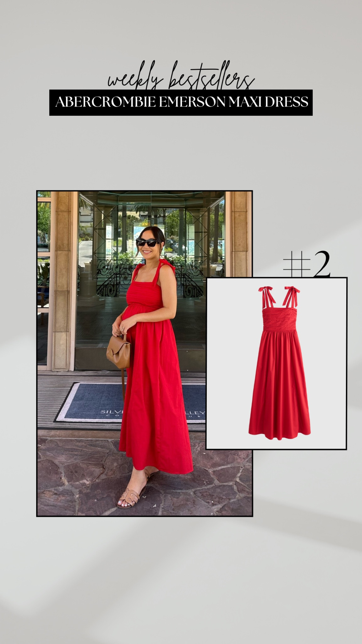 #2 bestseller: Abercrombie Emerson maxi dress 

• I’m wearing small (my usual size at Abercrombie) and it has lasted me through my pregnancy! 32 weeks here 
• available in 2 other color/pattern variations 

Summer dress / bump-friendly / red dress 

#LTKBump #LTKStyleTip