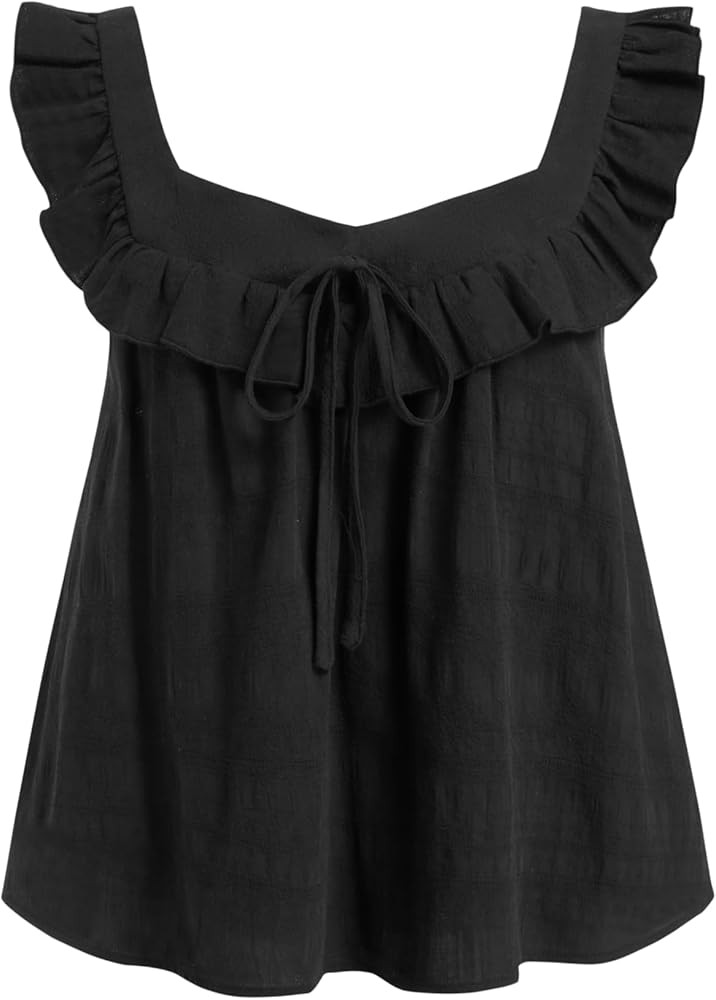 CIDER Womens Going Out Tank Crop Tops Eyelet Embroidered Floral Ruffle Square Neck Tie Sleeveless... | Amazon (US)
