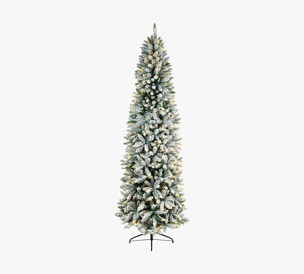 Lit Slim Flocked Montreal Fir Faux Christmas Tree | Pottery Barn (US)