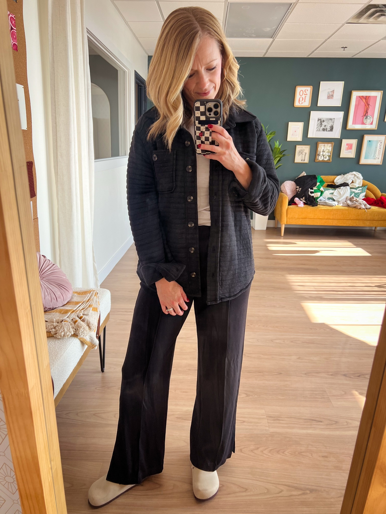 Quilted shacket: small 
Pants: small 
Clogs fit TTS 

#LTKGiftGuide #LTKHoliday