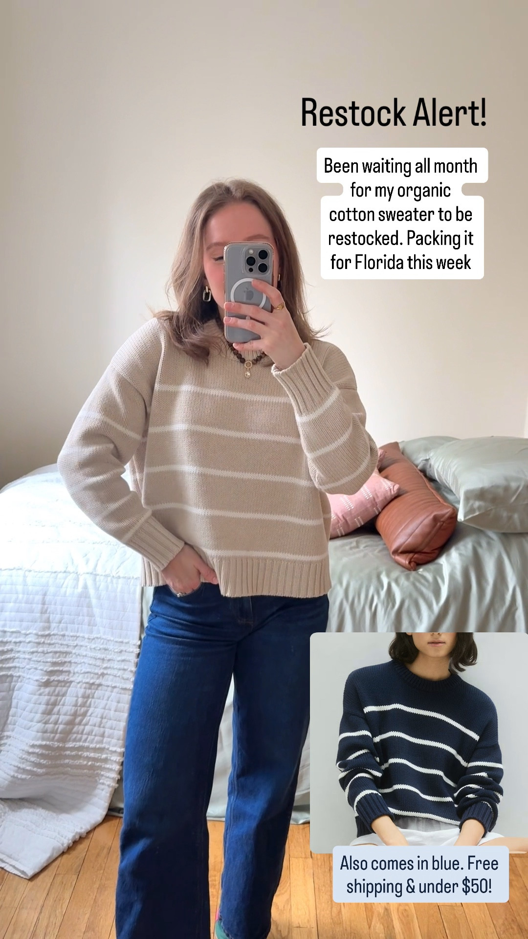 Organic cotton striped sweater. Restocked & under $50. Wearing xs. Free shipping too! Jeans are also free shipping wearing size 25 inseam 28. I’m 5ft 2 117lbs

#LTKSaleAlert
