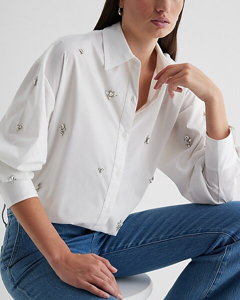 Poplin Embellished Boyfriend Portofino Shirt | Express